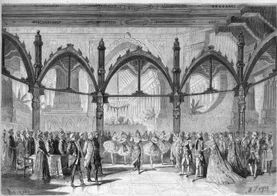 A Comic Opera Imperial Theatre: IV. jelenet, Daniel Francois Esprit Auber (1782-1871) „A boldogság első napja” című operájának II. felvonása. Metszet a "" The Illustrious Universe" -ba alkotó: Unknown artist
