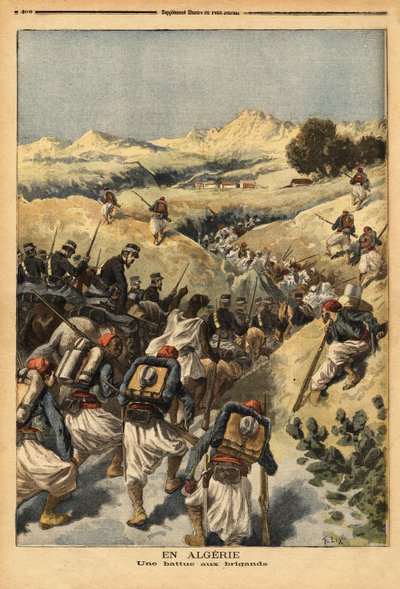 Algériában egy zászlóalj, amelyet a lovassággal megerősített Zouaves egész zászlóalj szervezett az algíri bíróság által háromszor halálra ítélt Areski ben Bashir elfoglalására. Metszet a „” Le petit Journal”-ban, 1893.12.23. Selva gyűjteménye. alkotó: Unknown artist