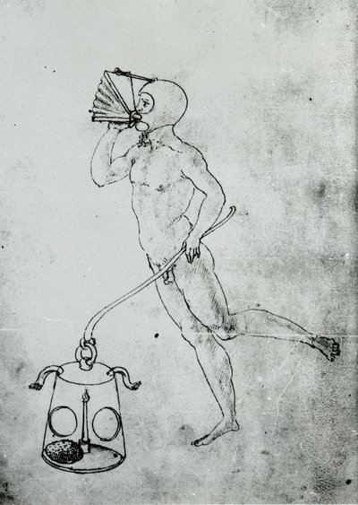 Francesco di Giorgio kötetében megjelenik ez a rajz, amely egy víz alatti légzést biztosító fújtatót ábrázol alkotó: Unknown artist