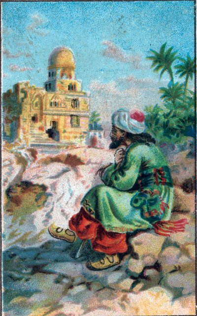 A rom előtt: Maruf (Maruf) megmentő meséje „” Az ezeregy éjszaka” (az 1001 éjszaka vagy Le mille e una notte, Arab éjszakák), 19. század végi kromolitográfiája. alkotó: Unknown artist