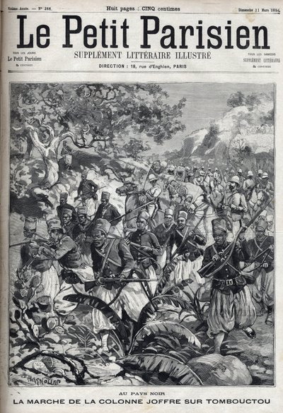 A francia gyarmatokon: Joseph Joffre tábornok (1852-1931) hadoszlopának és szpáhi seregének felvonulása Timbuktuban (Mali). Metszet a „Le Parisien”-ben alkotó: Unknown artist