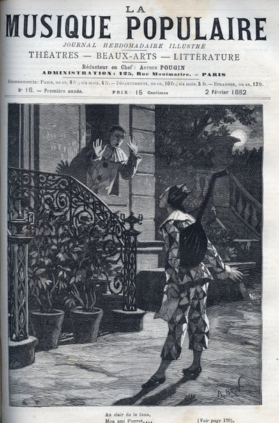 Holdfényben, a népszerű dal ábrázolása. Harlekin Pierrot erkélyén, a holdfényben. alkotó: Unknown artist