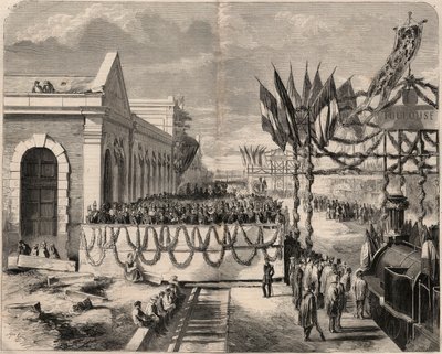 1857-ben a Toulouse-ból Sete-be vezető vasút felavatása. „Le Monde illustrious” metszet 1857-ből. Magángyűjtemény. alkotó: Unknown artist
