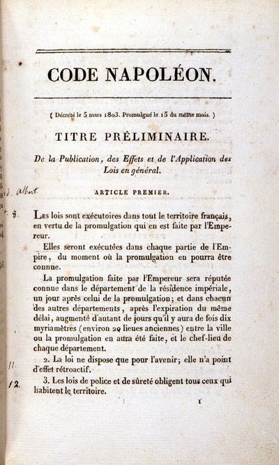 A napóleoni törvénykönyv (Ptk.) kezdete. alkotó: Unknown artist