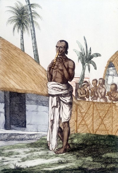 Indiai kultúra és civilizáció: zenész bansuri furulyán, hagyományos hangszeren, India. Metszet 1808. alkotó: Unknown artist