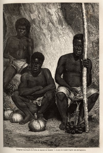 Őslakos gyümölcskereskedő, Noumea (Új-Kaledónia) piacán. Az 1863-tól 1866-ig tartó új-kaledóniai utazást illusztráló metszet Jules Garnier bányamérnök építőmérnökétől a „Le tour du monde, nouveau Journal des voyages” című folyóiratban, amely a dire alatt j alkotó: Unknown artist