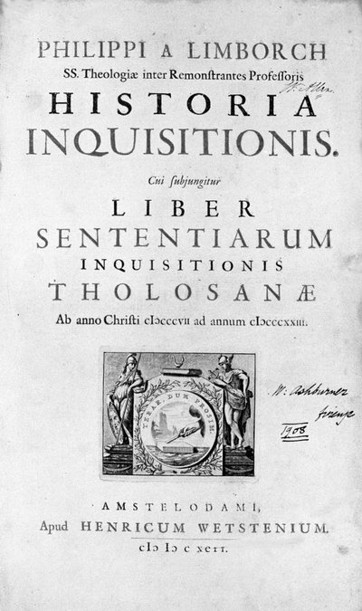 Inkvizíció. Az „Inkvizíció története” frontispice, Amszterdam 1692. alkotó: Unknown artist