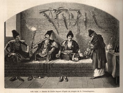 Egy tatár kávézóban Schouchában (Transcaucasia, Oroszország), ahol a férfiak találkoznak teázni és vízipipát szívni. Basile Vereschaguine 1864-1865-ben a Kaukázus tartományaiban tett utazást illusztráló metszet, megjelent a „le tour du monde”-ban, a alkotó: Unknown artist