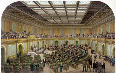 Az Egyesült Államok Capitoliumának Képviselőházának belső képe az ülésező Kongresszussal és a nézőkkel a galériában – 1866-os metszet. alkotó: Unknown artist