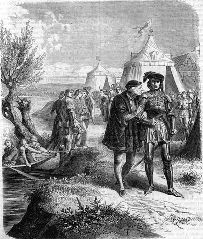 Interjú XI. Lajos király és Charolais grófja (Temeraire Károly, Burgundia hercege (1433-1477)) 1465 szeptemberében. Metszet a XIX. alkotó: Unknown artist