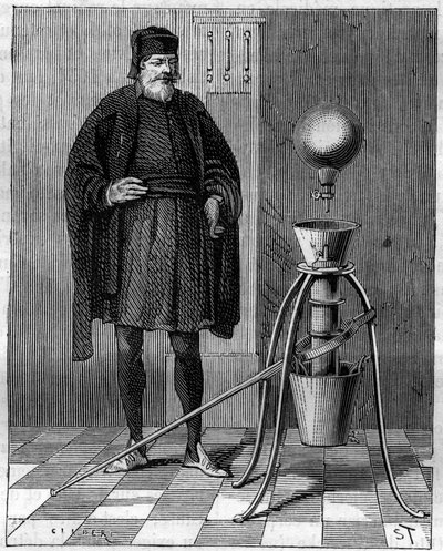 Találmány: Otto de Guericke (Otto de Guericke) (1602-1686), német feltaláló pneumatikus gépe. Metszet a „La Nature”-be alkotó: Unknown artist