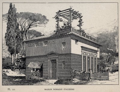 Olasz római ház – 1889-ben készült metszet az „Emberi lakhatás története az 1889-es egyetemes kiállításon, Charles GARNIER úr – Librairie centrale des beaux-arts Paris 1889 című könyvében alkotó: Unknown artist