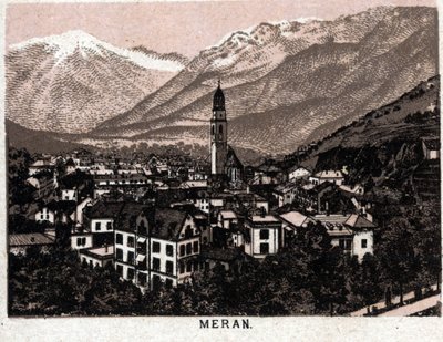 Olasz Tirol: kilátás Meran városára (Merano). in "" A világ 168 nézetet szemléltet"" Keltezés nélküli (XIX. század vége) alkotó: Unknown artist