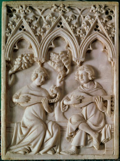 Elefántcsont tábla két zenészt ábrázol. 14. század. Párizs, Középkori Nemzeti Múzeum, Thermes de Cluny alkotó: Unknown artist