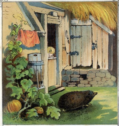 Jacques egy herissont lát át a háza udvarán. Kromolitográfia a „Scenes enfantines”-ból”, szerk. Guerin - Muller 1885 körül. alkotó: Unknown artist