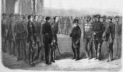 1873. január: Adolphe Thiers (1797-1877), francia politikus, köztársasági elnök a hadügyminiszter és Hartung tábornok kíséretében ellátogat az Ecole Polytechnique-ba. Metszet 1873-ból. alkotó: Unknown artist