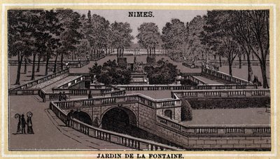 Jardin de la Fontaine Nimes-ben (Gard, Languedoc-Roussillon). A 19. század végének kromolitográfiája. alkotó: Unknown artist
