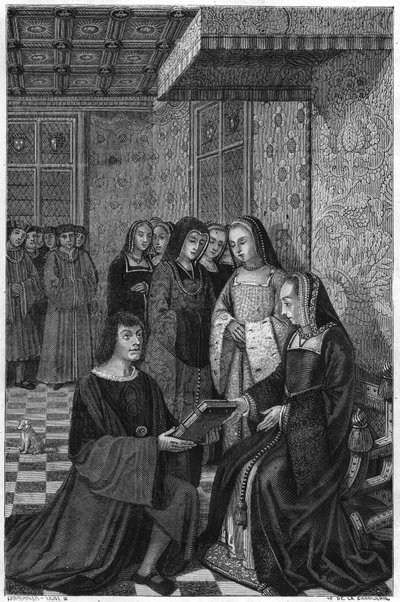 Jean Marot költő (1463-1526), verseskötetet ajánl Anna francia királynőnek. századi metszet. alkotó: Unknown artist