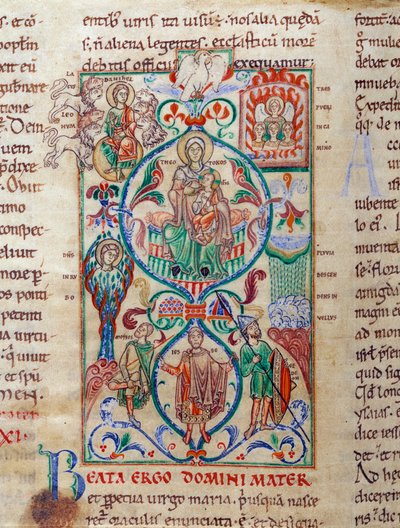 A Jesse-fa a szüzesség szimbólumait veszi körül A Szűzet Theotokos bizánci nevével tervezték. Miniatűr a „Lectiaire de Citeaux”-ból” 12. századi Dijon, Városi Könyvtár alkotó: Unknown artist