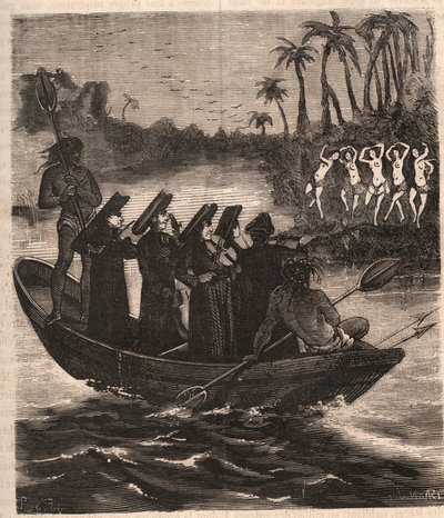 Jezsuita misszionáriusok érkeznek hajóval a guarani indiánok közé Paraguayba 1553-ban – Pierre Zaccone (1817-1895) 1879-es metszete „A titkos, politikai és vallási társaságok története” című könyvében alkotó: Unknown artist