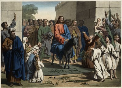 Jézus diadalmas belépése Jeruzsálem szent városába. Névtelen metszet a 19. század közepéről. alkotó: Unknown artist