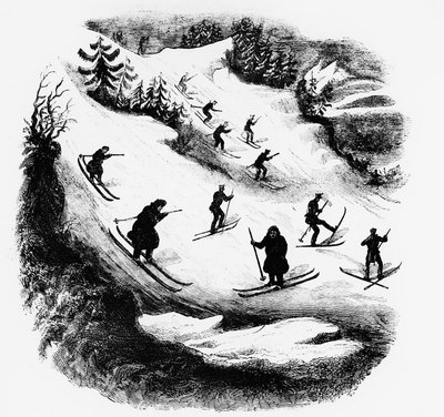 Jeux du Nord: síelők egy pályán - metszet, 19. század vége. alkotó: Unknown artist