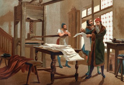 Johannes Gutenberg (1400-1468), német nyomdász, a Biblia első ívét nyomtatja. híres férfiak és nők után. Barcelona 1877. alkotó: Unknown artist