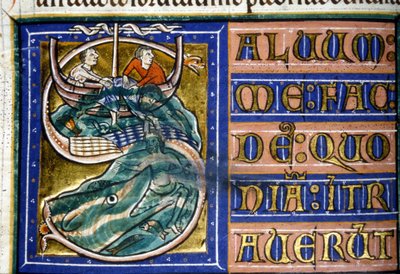 Jónást a tengerbe dobják, és egy hatalmas hal felfalja. 14. századi kézirat. Városi Bibl. a Vercelli. alkotó: Unknown artist