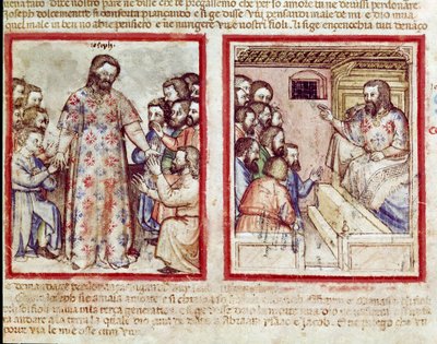 József 110 évesen súlyosan megbetegedett, megbocsát testvéreinek, akik leborultak előtte Miniatűr a 212-es kódexből (vagy padovano kódexből vagy Páduai Bibliából) 1390-1400 Rovigo, Accademia dei Concordi alkotó: Unknown artist