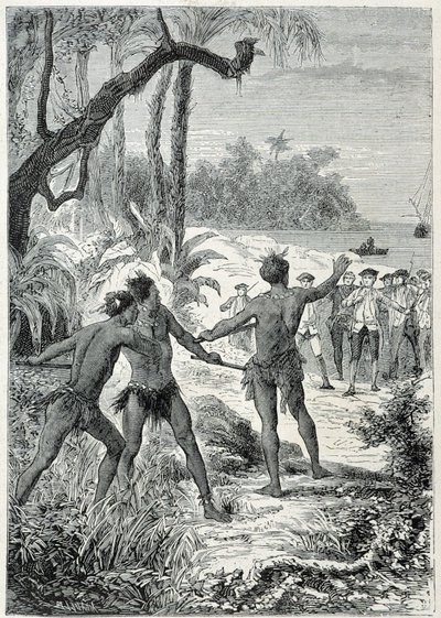 James Cook kapitány (1728-1779) utazása Új-Guineába: az első találkozás a bennszülöttekkel, illusztráció: „A 18. század nagy tengerészei” alkotó: Unknown artist