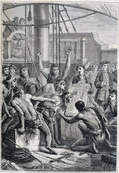 Samuel Wallis (1728-1795) utazása Polinéziába: bennszülött etonok tükörrel – illusztráció a „18. századi nagy tengerészek” című könyvből. alkotó: Unknown artist