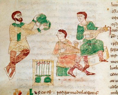 Zsonglőr és udvari zenészek (miniatűr, 9. század) alkotó: Unknown artist