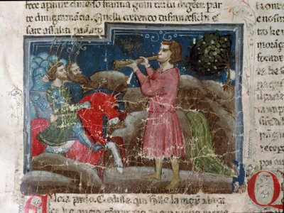 Jules Cesar (Kr. e. 101-44) harcosaihoz fordul Részlet egy kéziratos oldalról: „A rómaiak tényei” (Ms 1538, fol 15r) 1340 körül Firenze, Biblioteca Riccardiana alkotó: Unknown artist