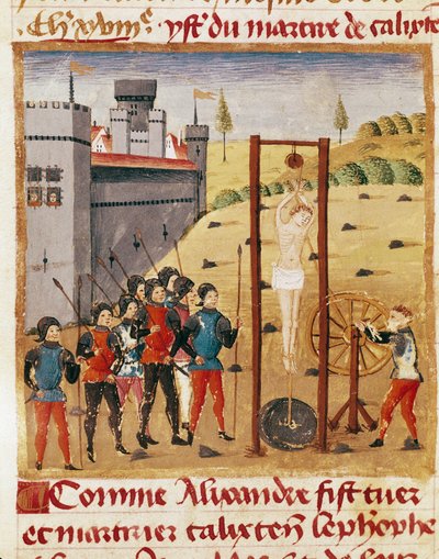 Nagy Sándor király (Kr. e. 356-323) részt vesz a nemes Calixten Cephobe akasztással végzett kivégzésében""" Miniatűr a "Nagy Sándor tények könyvéből""", Quintus Curtius Rufus (1. század) (ms 1335, fol. 167 v alkotó: Unknown artist