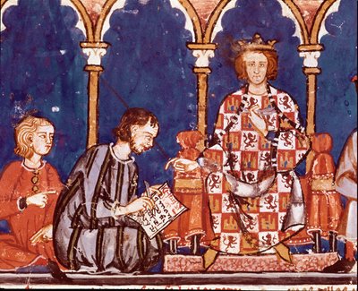 Bölcs X Alfonz király segít az írásban. Részlet egy miniatúráról a Bölcs Alfonso X (1221-1284) A sakk, kocka és asztalok könyvéből. 1282. Scorial Szent Lőrinc. Királyi Könyvtár alkotó: Unknown artist