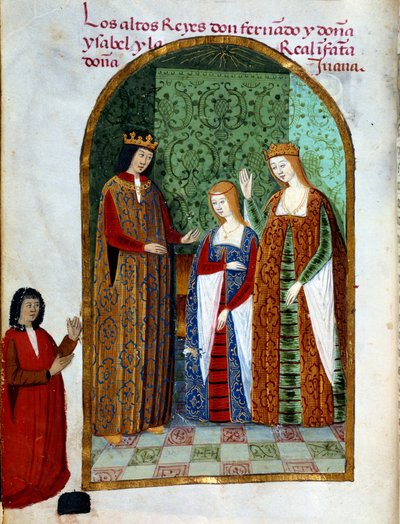 II. Ferdinánd király, Aragónia és Szicília királya (1452-1516), Joan, Kasztília királynője (1479-1555) és I. Izabella kasztíliai (más néven katolikus), Spanyolország királynője (1451-1504). Miniatűr a „Da Juana királynő áhítatában, akit őrült nőnek nevezte alkotó: Unknown artist