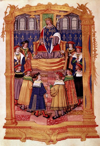 XI. Lajos király (1423-1483) és a Szent Mihály Lovagrend Miniatűrje a „Szent Mihály Lovagrend” kéziratból” 15. századi Milánó, Biblioteca Trivulziana alkotó: Unknown artist