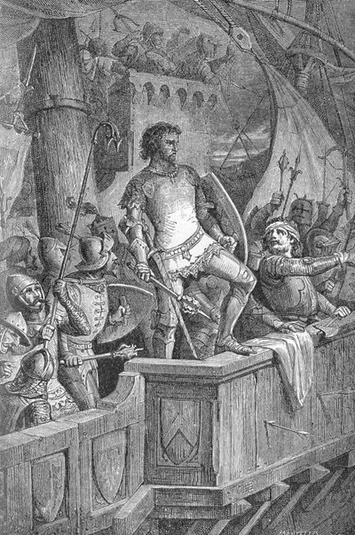 Nagy Knut (Canut I) (994 vagy 995-1035) - Nagy Cnut emberei a londoni hídon, II. norvég Olaf (II. Olaf Norvég) támadása alatt - Richard „Kaiser, Konig une Papst” metszet Roth alkotó: Unknown artist