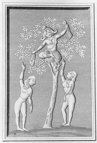 Krisna repül két gopival. metszet a „Hindusztán ókori és modern műemlékei” című könyvébe, L. M. Langles, Párizs 1821. alkotó: Unknown artist
