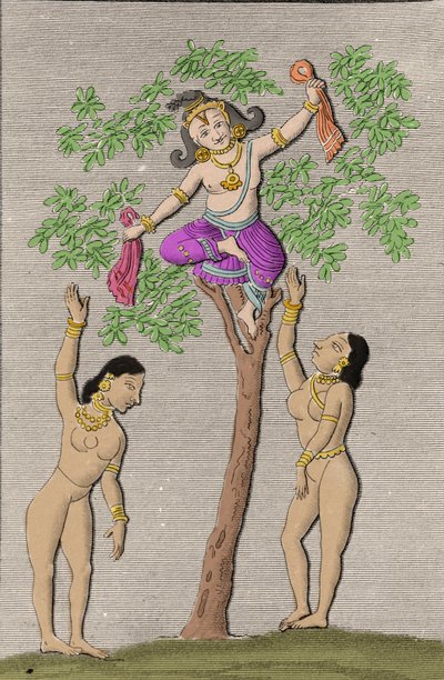 Krisna repül két gopival. metszet a „Hindusztán ókori és modern műemlékei” című könyvébe, L. M. Langles, Párizs 1821. alkotó: Unknown artist