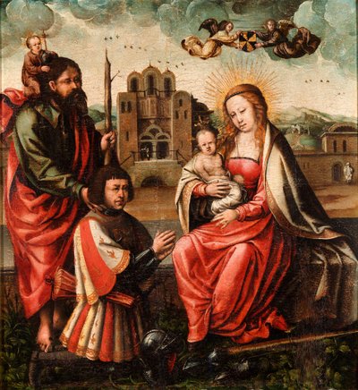 ""Kolumbusz Kristóf Szűza"" (Cristobal Colon szűze) Madonna és gyermek Kolumbusz Kristóf és Névtelen Szent Kristóf festményével 1540 - Olaj, fa Méret 52x48 cm Museo Lazaro Galdiano, Madrid alkotó: Unknown artist