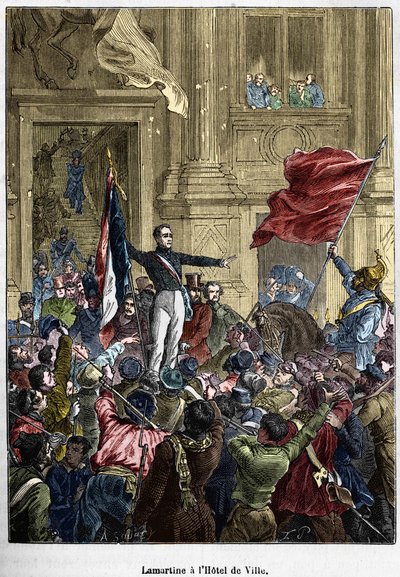 Lamartine (1790 - 1869), aki megtagadta a vörös zászlót a háromszínű zászló helyett, a Városházán. Párizs, 1848. február 26. Bianchetti-gyűjtemény. alkotó: Unknown artist