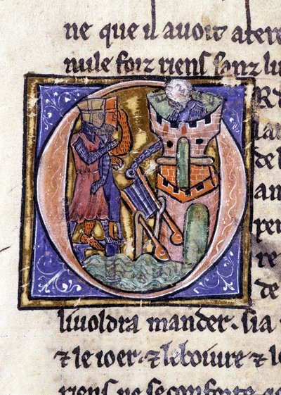 Lancelot egy torony tetején. Kézirat: Szent Gréal meghódítása, 717 évvel urunk szenvedélye után. Bibliotheque Municipale de Rennes, ms. 255 (A Kerekasztal regénygyűjteménye); Párizs alkotó: Unknown artist