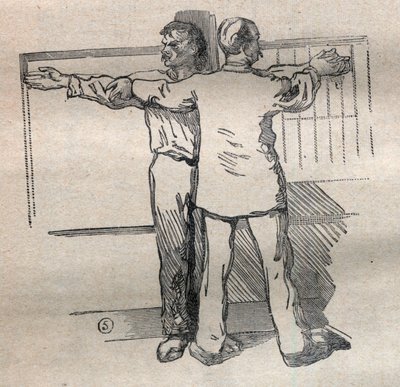 Bírói antropometria vagy bertillonnage, Alphonse Bertillon (1853-1914) módszere: a nagy, nagy kaliberű karok mérése - Metszet a „La Science francaise”-ben alkotó: Unknown artist