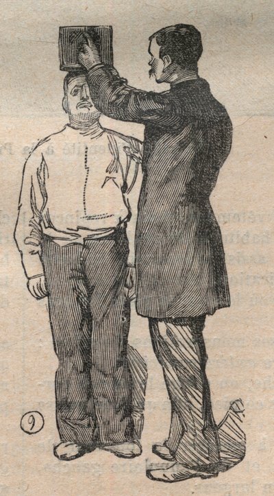 Bírói antropometria vagy bertillonnage, Alphonse Bertillon (1853-1914) módszere: magasságmérés – gravírozás „La Science francaise”-ben” alkotó: Unknown artist