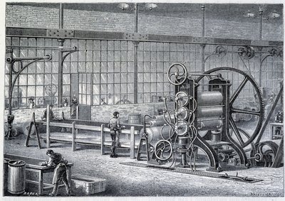 Nagy hengermű a tisztított gumitömbök lemezekké alakításához – Louis Figuier „Az ipar csodái” című könyvében alkotó: Unknown artist