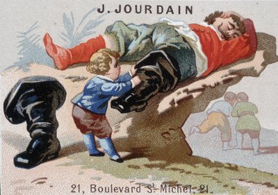 A Le Petite Poucet leveszi az asoupi ogre nevű hétbajnoki csizmáját – a Jourdain reklámcímke alkotó: Unknown artist