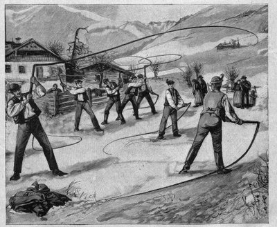 Le clackers du salzkammergut - salzkammergut: Az újév után több vasárnapon a salzburgi (Ausztria) fiatal férfiak ostorral ébresztik fel a természetet téli álmából - metszet 1897 alkotó: Unknown artist