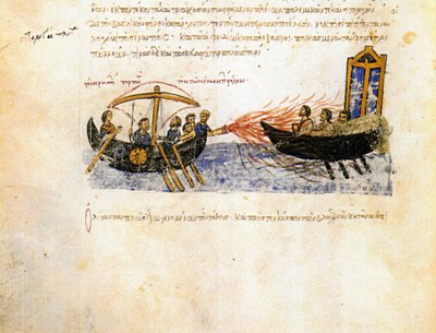 ""Le feu grégeois"" (görög tűz) A bizánci flotta görög tüzet használ a lázadó hadsereg ellen - Miniatűr a "Synopsis historiarum""" vagy a "Chroniques byzantines"-ből (A királyok története és bizánci tények 811-től) 1057 ) János (Johannes vagy John alkotó: Unknown artist
