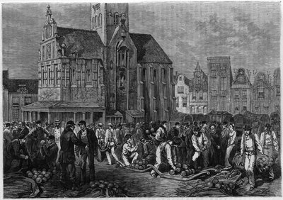 A munkanélküli piac Hoornban, Hollandiában. Metszet a „The Journal of Youth”-ban alkotó: Unknown artist